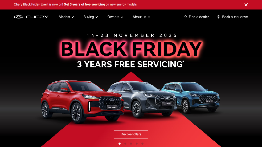 Chery Black Friday event offering 3 years free servicing on new energy models with three cars displayed