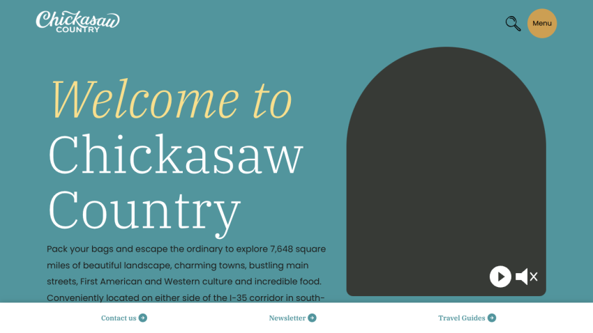 Welcome message to Chickasaw Country with travel invitation and video player controls on teal background