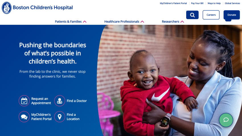 Boston Children's Hospital homepage featuring a smiling child and caregiver with key navigation options.