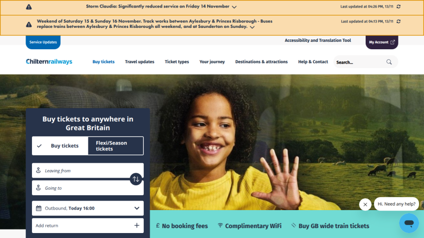 Children's train tickets booking site with smiling child and form to select journey details in Great Britain
