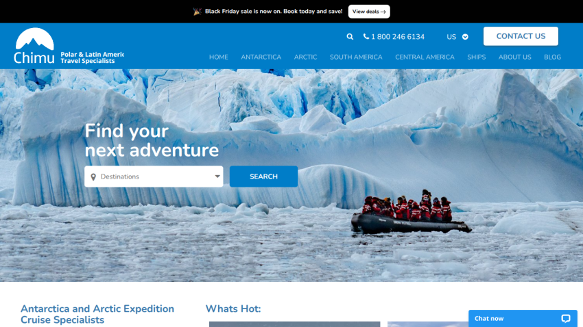 Travel website offering polar and Latin America adventures with search for destinations and contact info