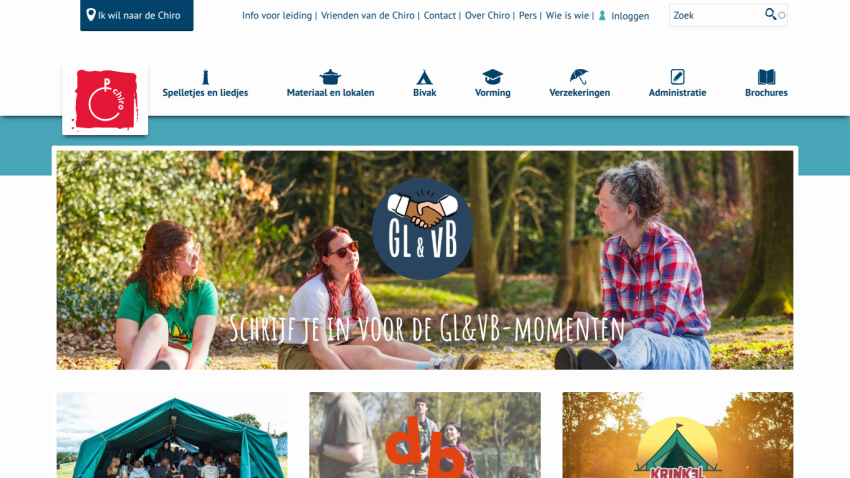 Homepage featuring outdoor activities with images of people enjoying nature and a prominent logo.