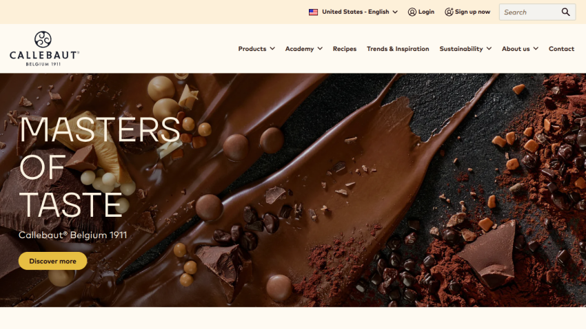 Callebaut chocolate website with hero image of chocolate pieces and text 'Masters of Taste'