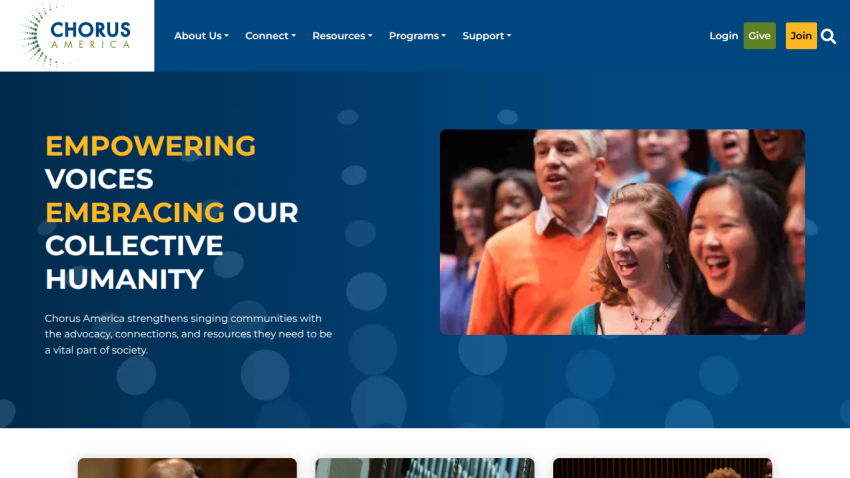 Chorus America homepage with navigation and hero section promoting empowering voices and collective humanity