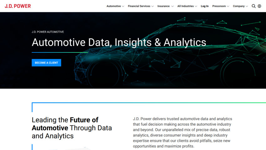 J.D. Power homepage featuring automotive data and analytics with a call to action.