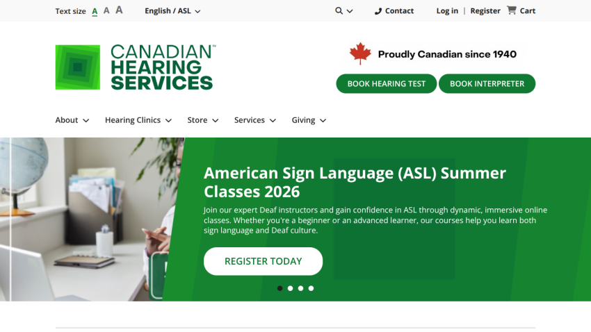 American Sign Language (ASL) Summer Classes 2026 registration section on Canadian Hearing Services website.
