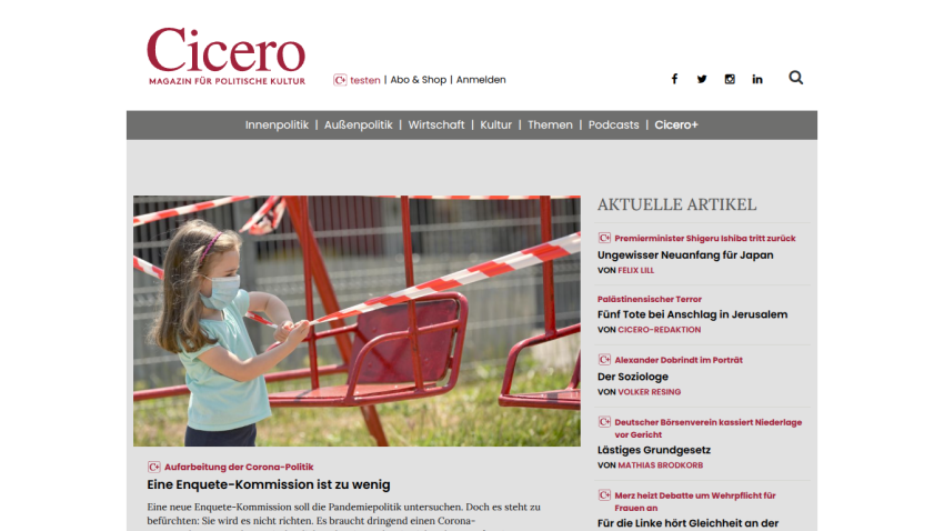 Homepage of Cicero featuring a girl in a mask near playground equipment.