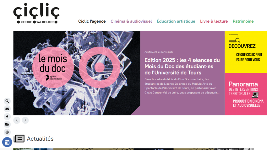 Ciclic website homepage featuring 2025 Edition of Mois du Doc film screenings by University of Tours students and links to cinema, education, and heritage sections