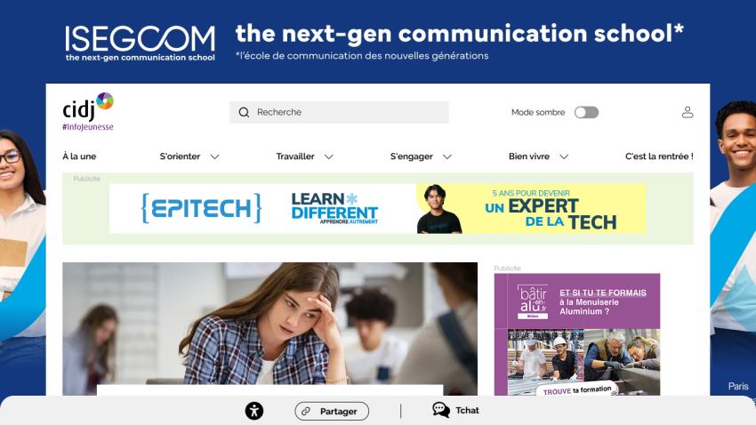 ISEGCOM website showcasing communication school offerings and programs.