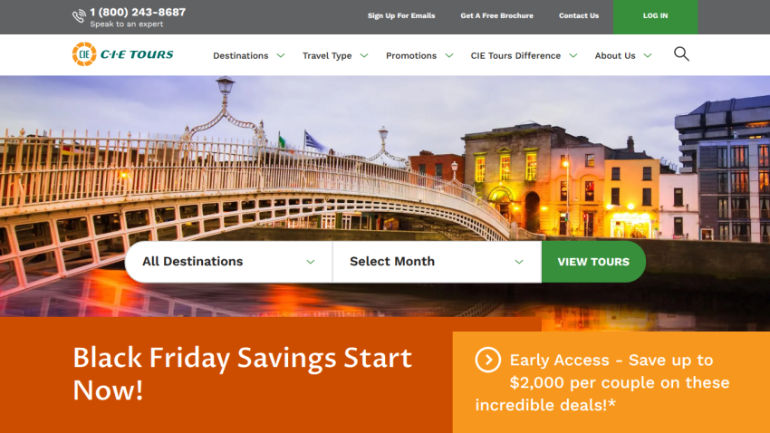 Travel tours website with navigation menu, search filters, and Black Friday savings promotion