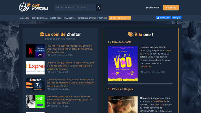 Cine Horizons homepage featuring movie news, promotions, and a VOD festival announcement in French