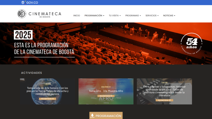 Cinemateca de Bogotá 2025 programming announcement with event activities and dates in Spanish.