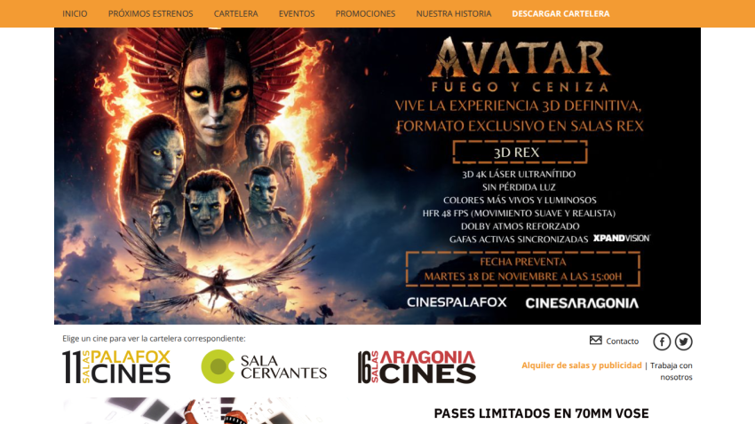 Promotional banner for Avatar: Fuego y Ceniza 3D experience at Cines Palafox and Cines Aragonia with pre-sale date and features