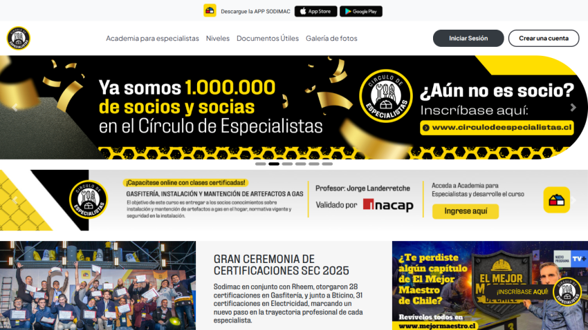 Círculo de Especialistas website showing membership milestone, online certified classes, and certification ceremony info