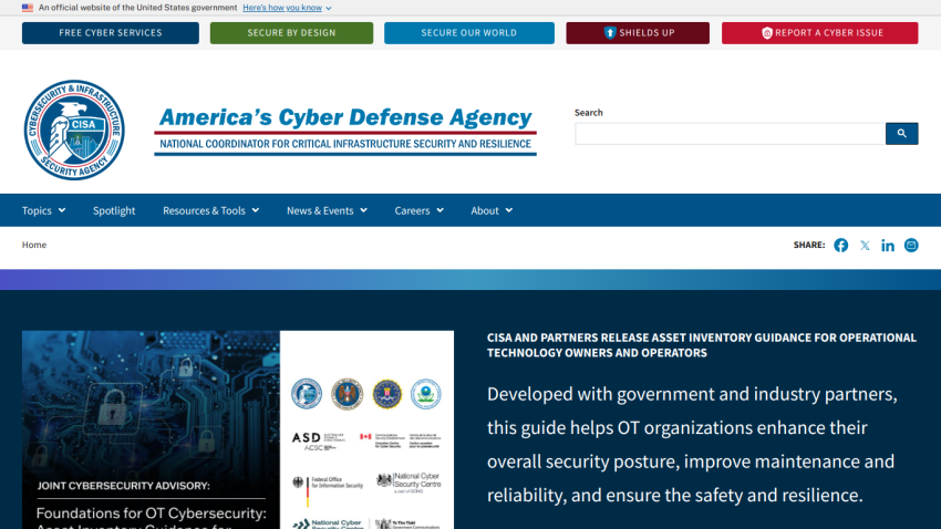 Homepage of America's Cyber Defense Agency featuring resources and cybersecurity guidance.