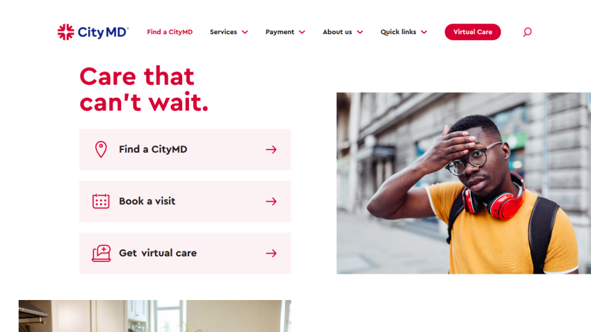 CityMD homepage featuring care options and a young man with headphones.