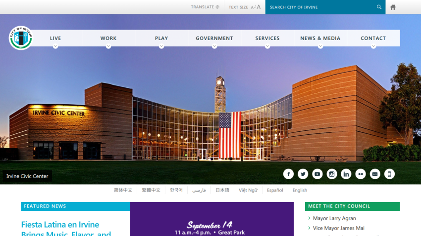 Homepage of Irvine Civic Center featuring the building and navigation options.