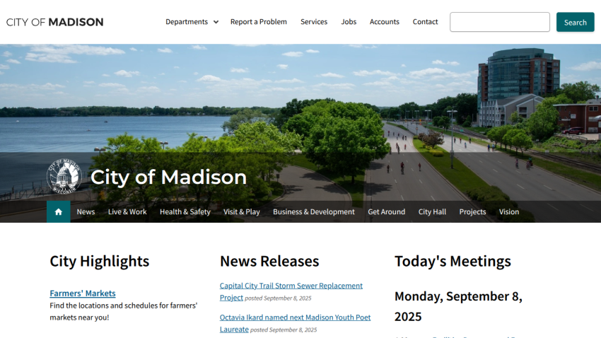 City of Madison homepage featuring city highlights, news releases, and today's meetings.