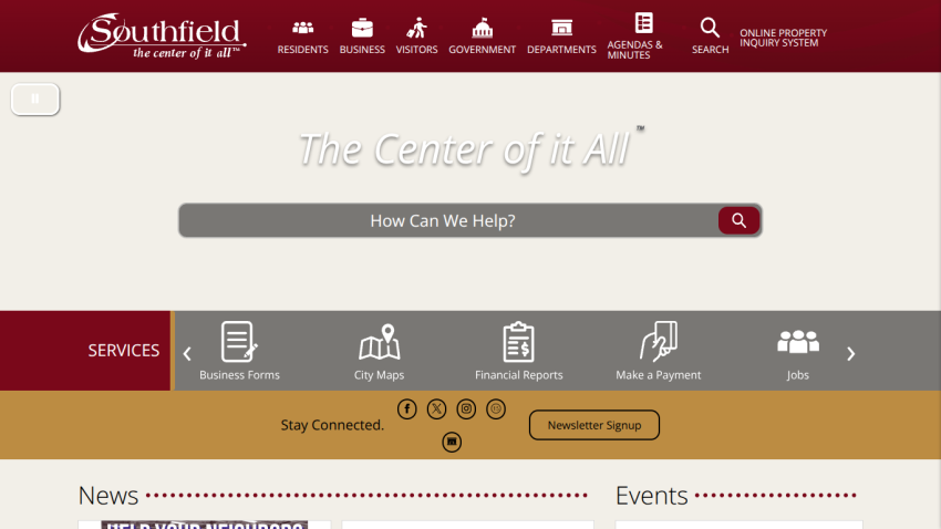 Southfield city website with navigation menu, search bar, services icons, and newsletter signup