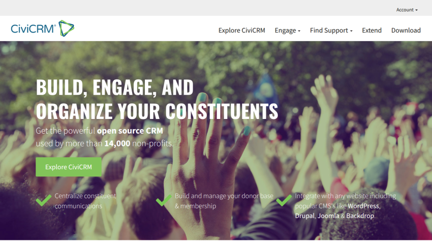 Homepage of CiviCRM promoting engagement and organization of constituents.