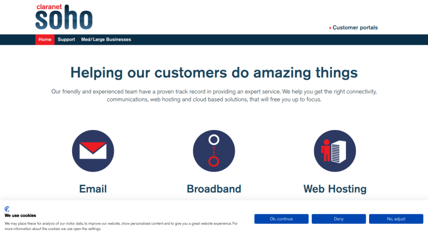 Homepage featuring services: Email, Broadband, and Web Hosting with a supportive tagline.