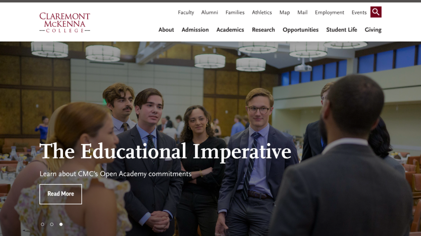 Claremont McKenna College homepage with navigation and headline about The Educational Imperative and Open Academy commitments