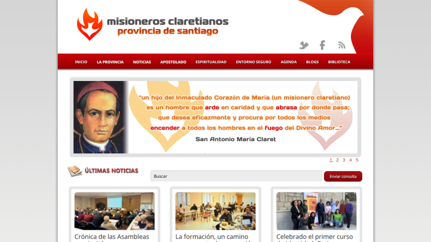 Misioneros Claretianos Santiago homepage with quote from San Antonio María Claret and latest news articles