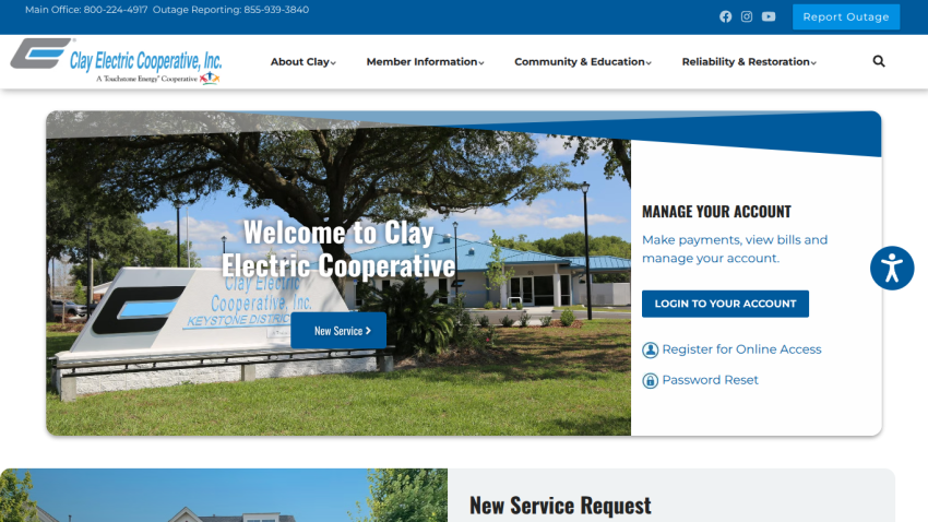 Homepage of Clay Electric Cooperative with account management options and service request information.