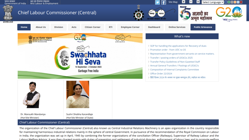 Chief Labour Commissioner (Central) website with navigation, Swachhata Hi Seva banner, minister photos, and latest updates.