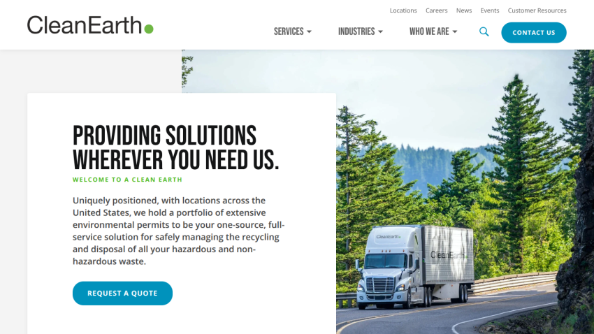 CleanEarth website hero with tagline about providing environmental waste management solutions and a request a quote button