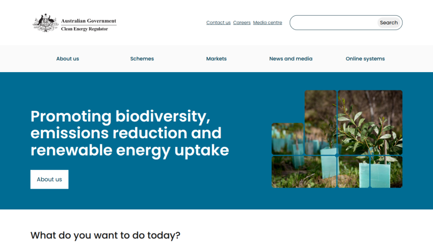 Australian Government Clean Energy Regulator homepage promoting biodiversity, emissions reduction, and renewable energy uptake with navigation links and search