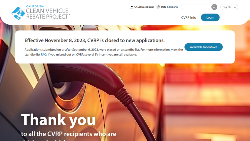 Clean Vehicle Rebate Project site with announcement about CVRP closure and thank you message with electric vehicle charging image