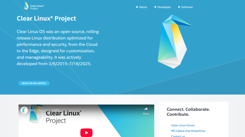 Clear Linux Project homepage with description, navigation links, and a penguin logo on blue background