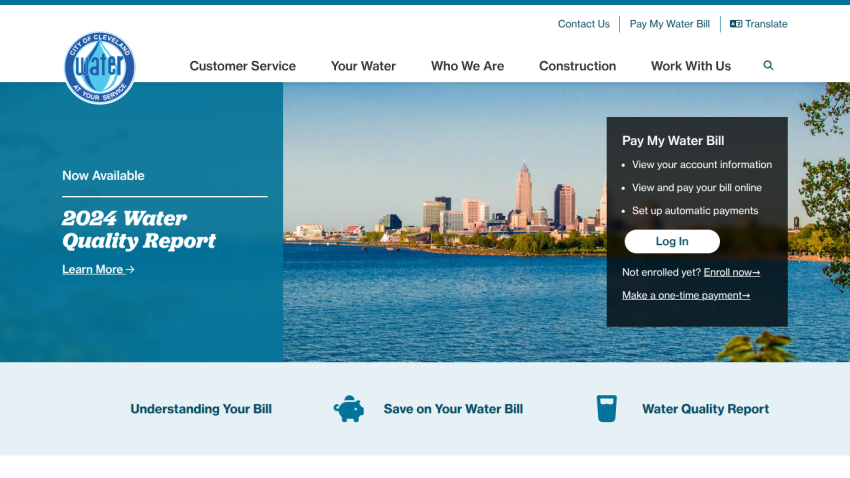 City skyline with water tower and navigation for water quality report, bill payment, and customer service