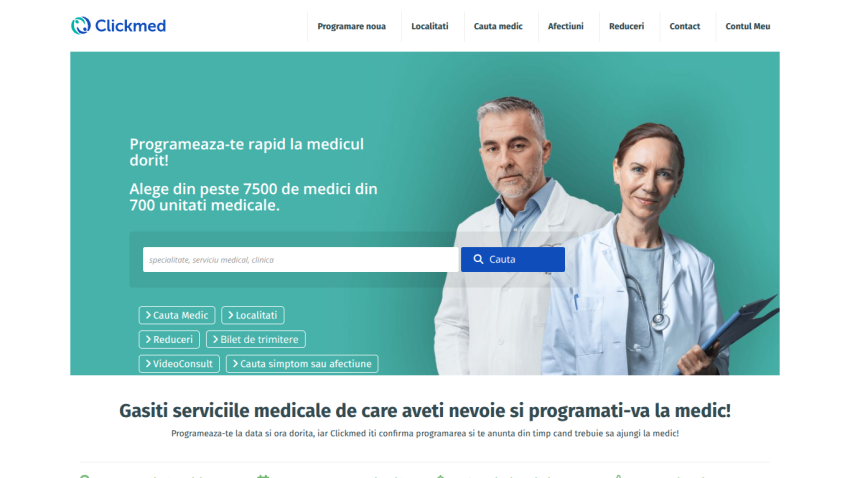 Medical appointment booking site with search for doctors and medical services, featuring two doctors and navigation menu.