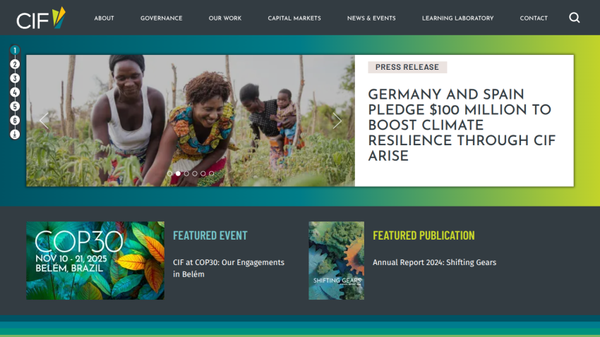 CIF website with news on Germany and Spain pledging $100 million for climate resilience, COP30 event, and annual report featured