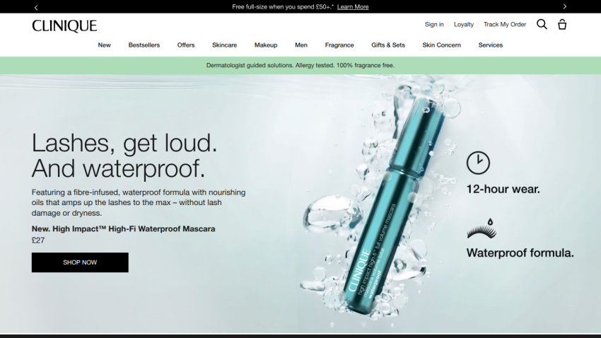 Clinique mascara advertisement highlighting waterproof formula and 12-hour wear.