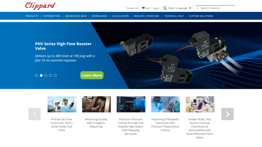 Homepage featuring Clippard's state feedback pinch valves with a 'Learn More' button.
