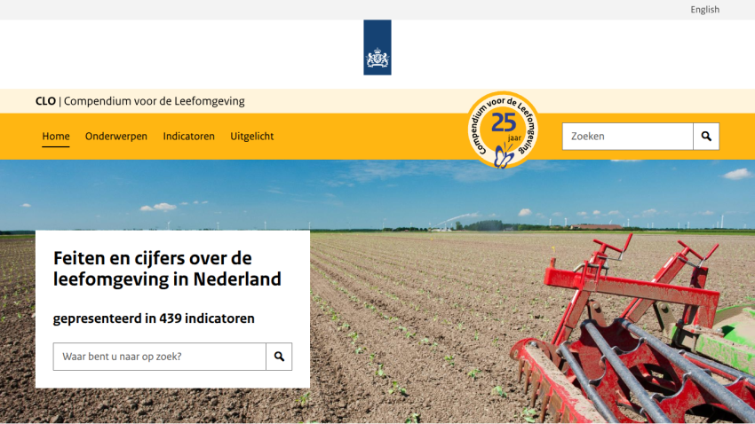 Dutch environment compendium homepage showing facts and figures with search and navigation on a scenic bike path background.