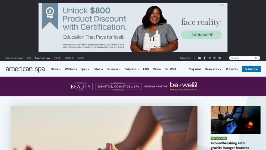 American Spa website with navigation menu, banner ad for $800 product discount, and beauty show announcement