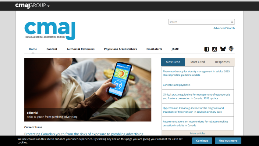 CMAJ homepage featuring health articles and a mobile device displaying weather information.