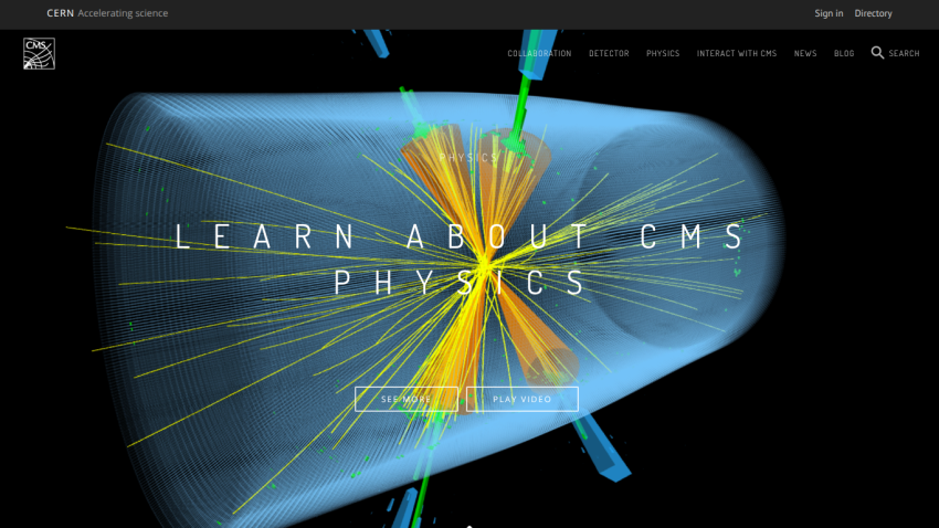 CMS website homepage with navigation and a hero section inviting to learn about CMS physics with options to see more or play video