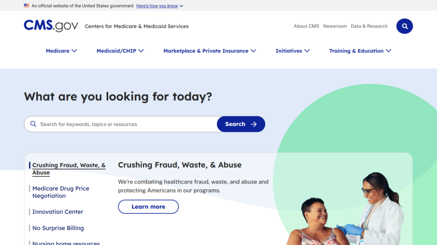 CMS.gov homepage featuring search bar and resources on healthcare fraud and abuse.
