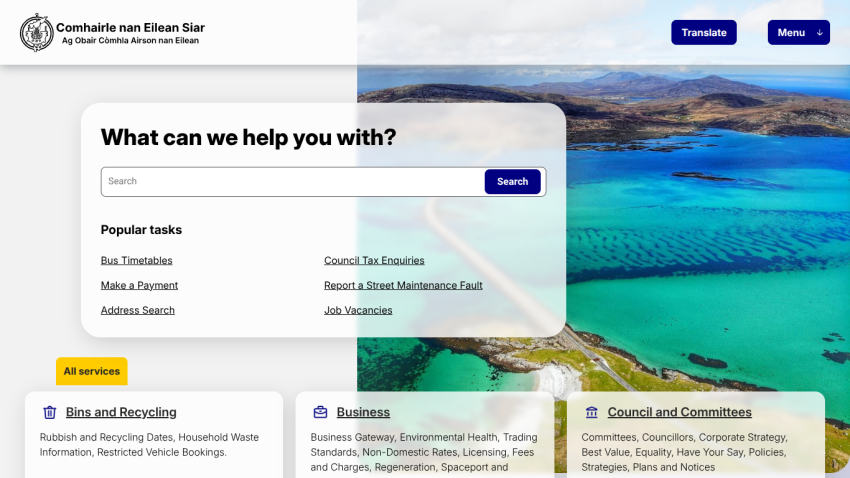 Comhairle nan Eilean Siar website with search bar, popular tasks, and scenic coastal background