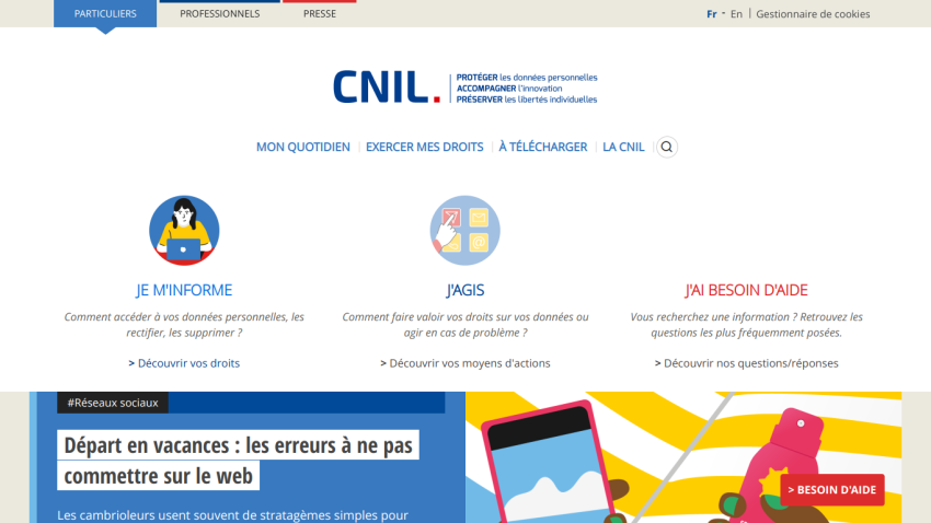 CNIL website homepage with navigation and key sections on data protection.