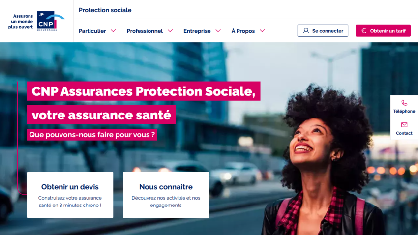 CNP Assurances social protection health insurance homepage with options to get a quote or learn about the company