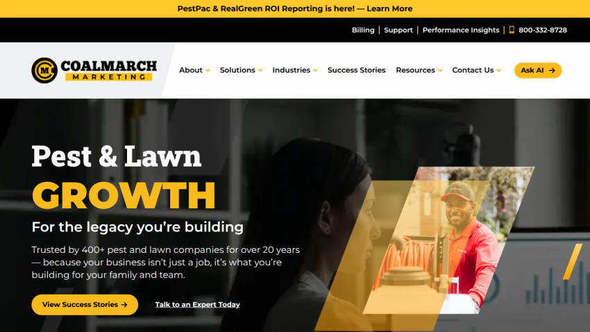 Website header for pest and lawn growth services with a call to action.
