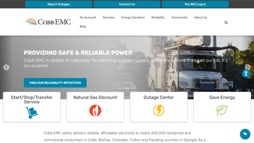 Coco EMC homepage showcasing services and outage information with a utility truck image.