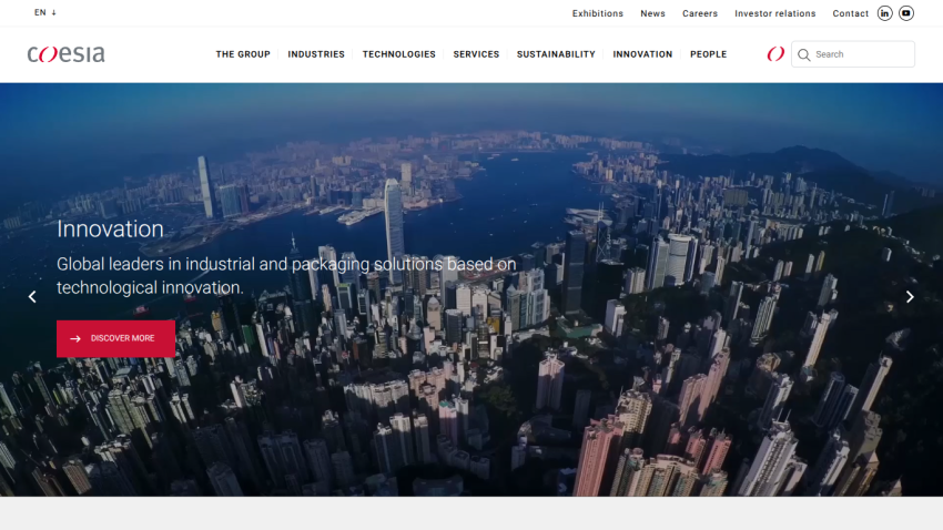 Coesia homepage with navigation and hero section highlighting innovation in industrial and packaging solutions