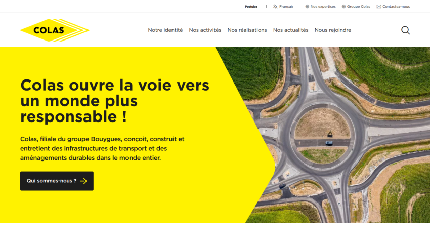 Colas promotes responsible infrastructure development with a bold yellow banner and a circular road image.